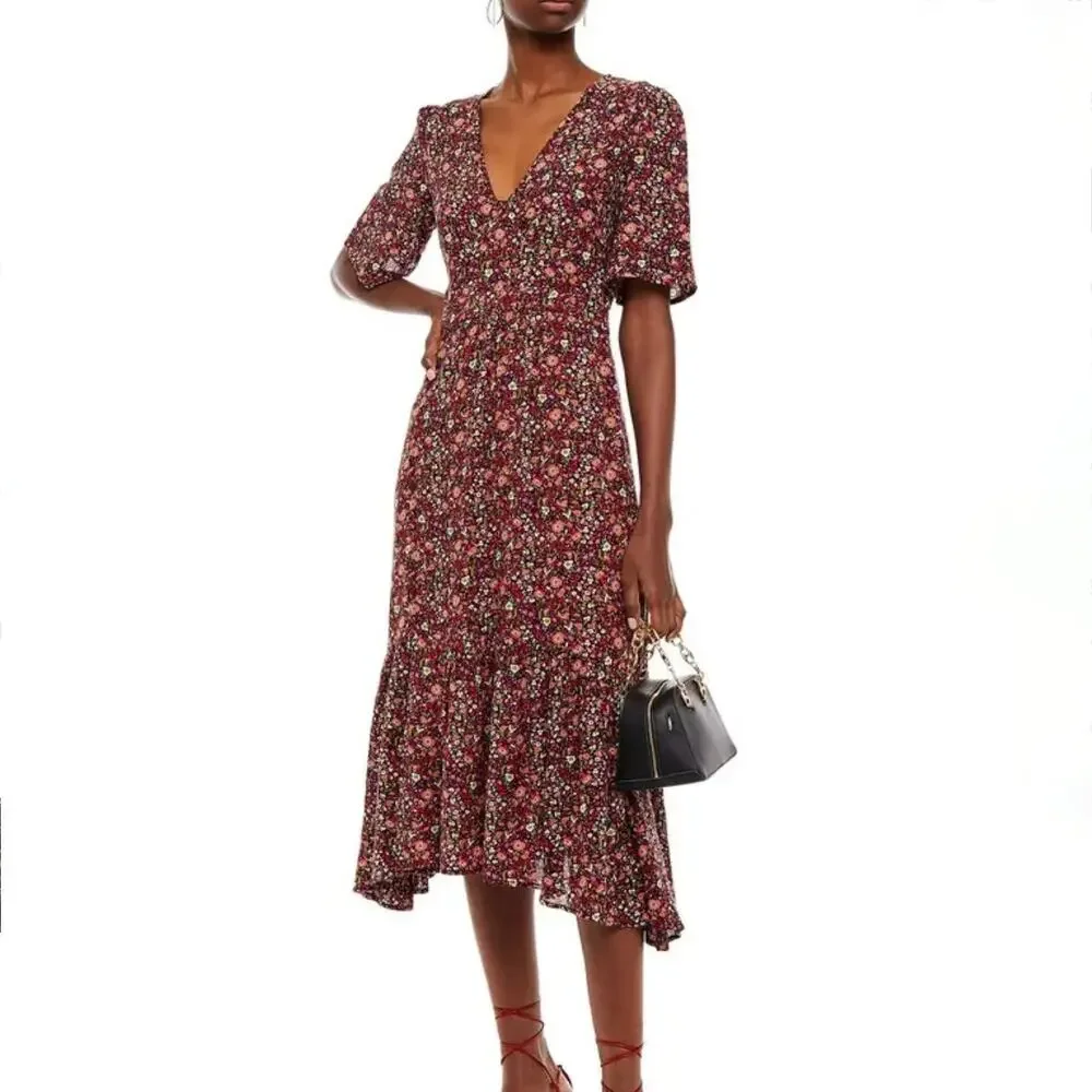 ba&sh Silvine Gathered Floral Print Crepe Midi Dress - Size 2 - Medium - Picture 2 of 8